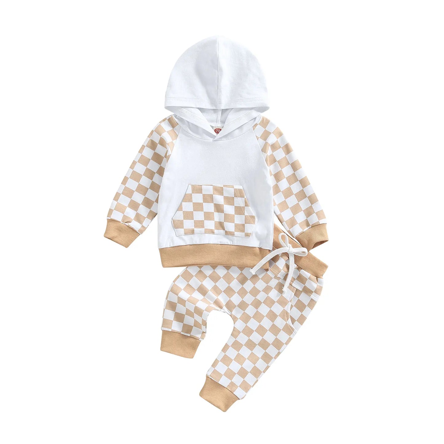 Girl Boy Outfit 2Pcs Set Plaid Long Sleeve Hoodie with Pockets Elastic Drawstring Waist Pants