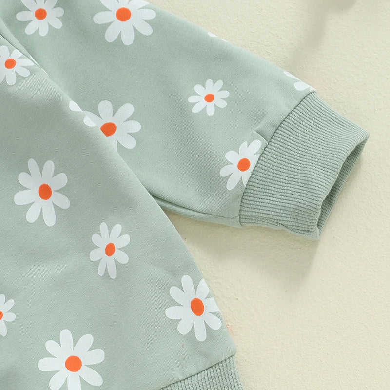 Little Girl 2 Piece Fall Outfit, Flower Print Long Sleeve Sweatshirt Elastic Waist Pants with Pockets