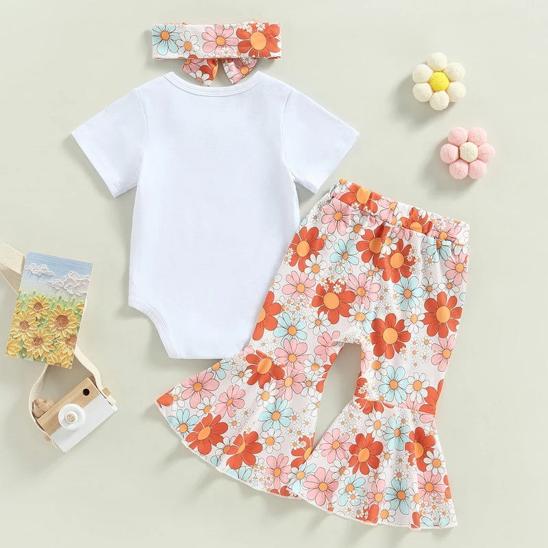 Toddler Baby Girls 3Pcs Outfit Set Short Sleeve Letter Print Romper Floral Flared Pants