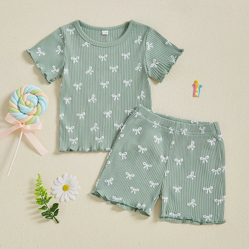 Toddler Baby Girl Bow Ribbed Outfit Lettuce Trim Short Sleeve Tops Elastic Waist Shorts Summer Set