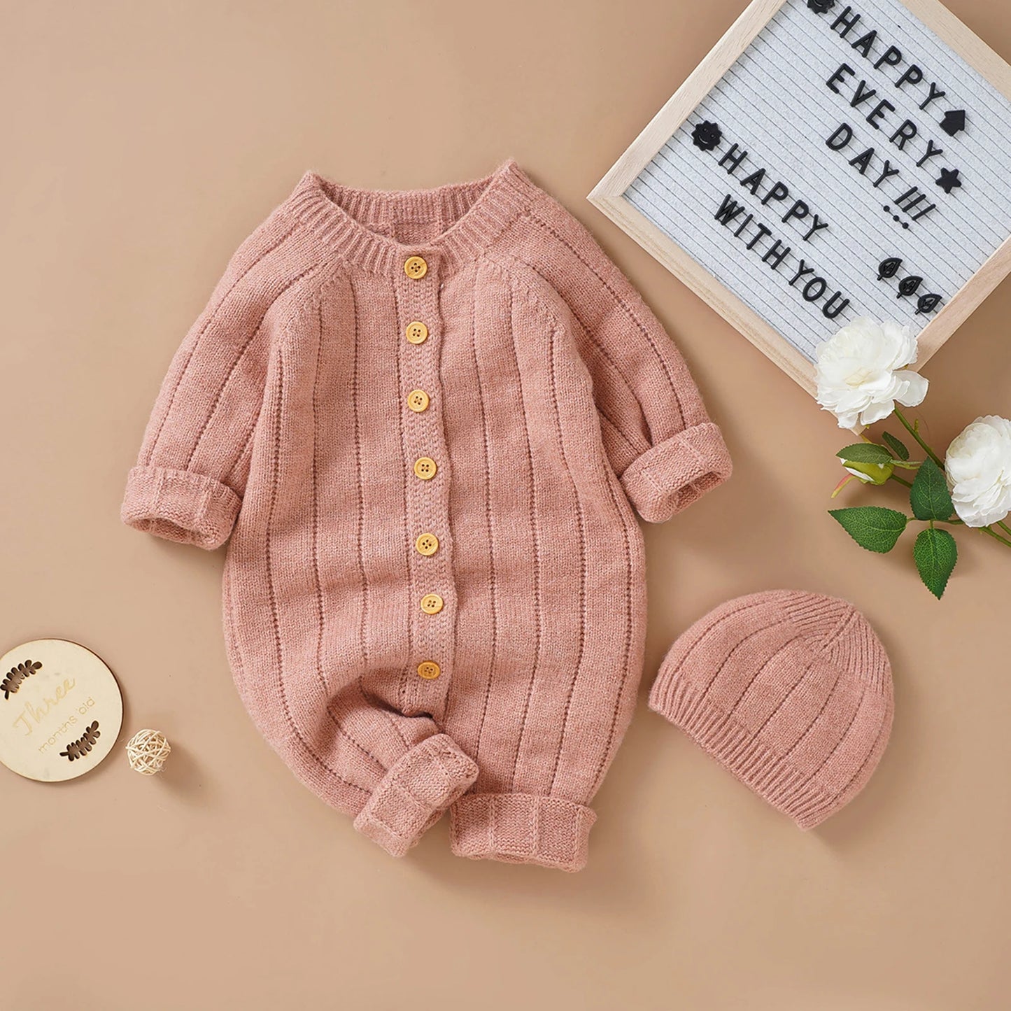 Winter Jumpsuit and Cap, Solid Color Long Sleeve Single-breasted Knitted Romper, 0-18 Months