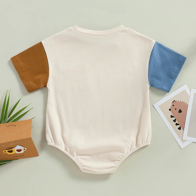 Kid Girl Boy Girl Bodysuit Short Sleeve Round Neck Patch Color Short Jumpsuit Tops