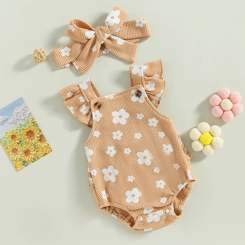 Infant Baby Girl Suspender Jumpsuit Set Floral Print Ruffled Flying Sleeve Bodysuit Headband
