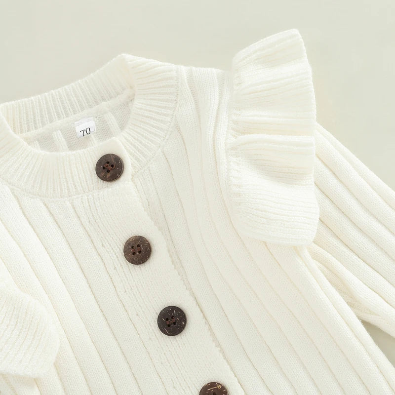 Baby Girl’s Knitted Long Sleeve Jumpsuit Fashion Solid Round Neck Button Casual Long Romper