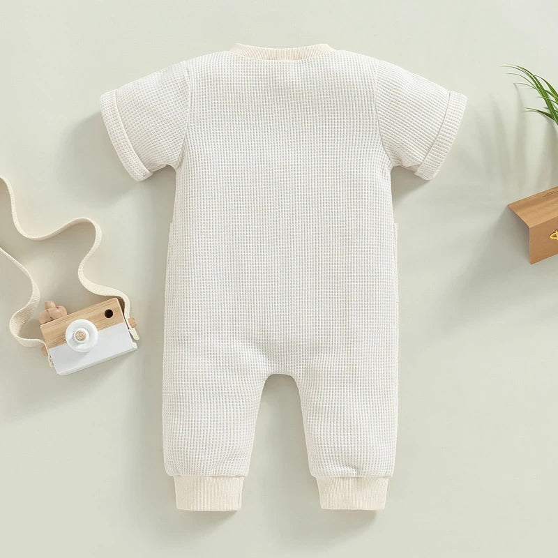 Baby Boys Jumpsuit Solid Color Short Sleeve O Neck Button Down Romper with Pockets