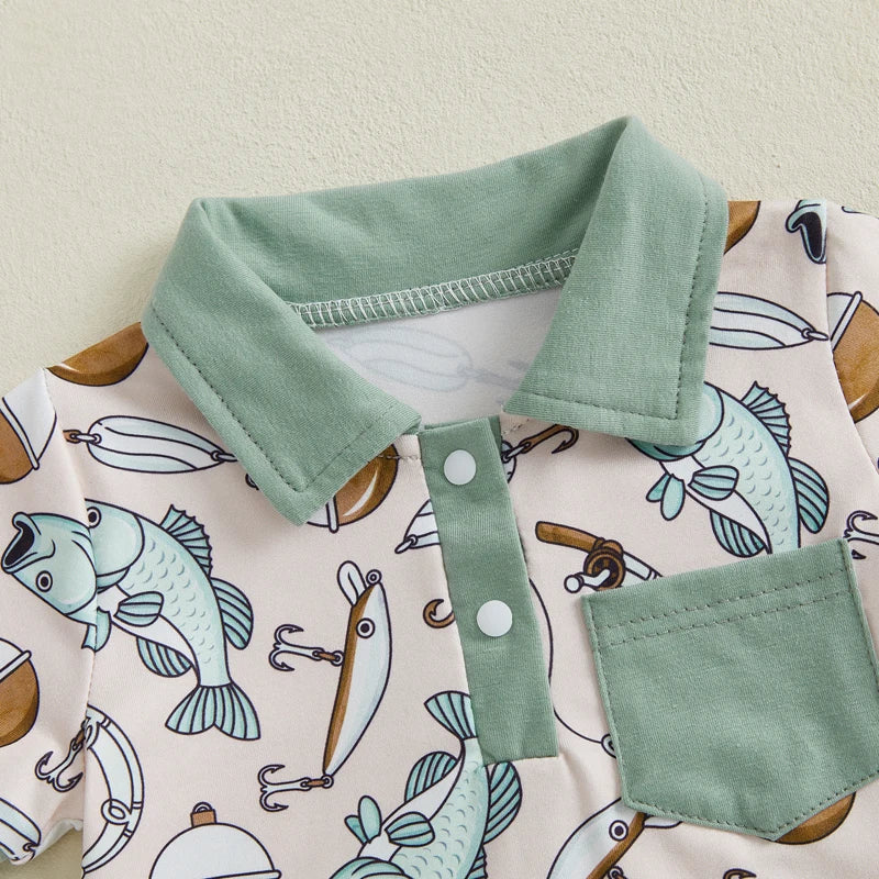 Baby Boy Fish Print Romper Half Button-up Lapel Neck Short Sleeve Bodysuit Cute Summer Clothes