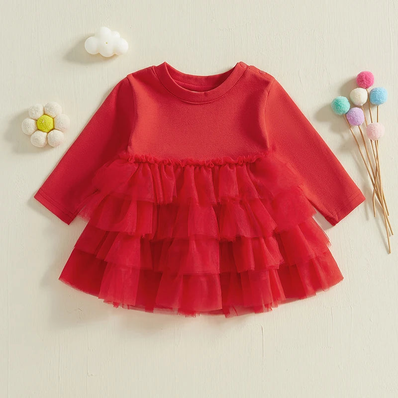 Toddler Baby Girl Fall Dress Solid Color Round Neck Long Sleeve A-line Tulle Princess Dresses