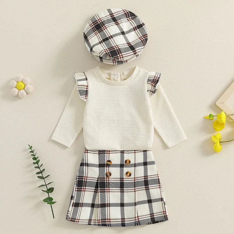 Baby Girls Clothes Sets Ruffles Long Sleeve Ribbed Romper+Plaid Print A-Line Skirts Hats