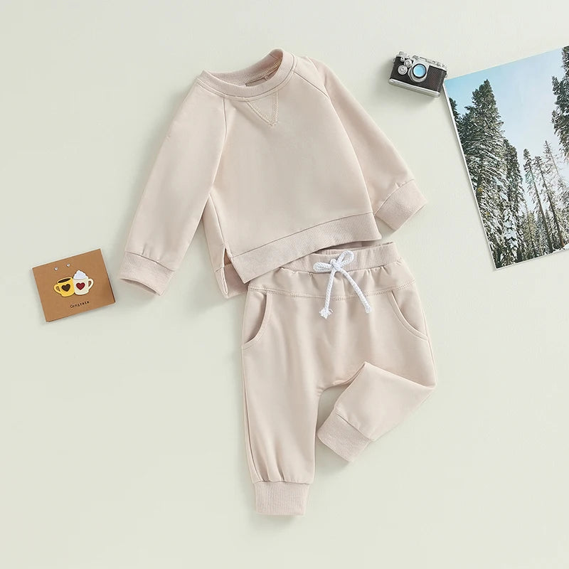 Toddler Boys Girl 2Pcs Fall Outfits Solid Crew Neck Long Sleeve Sweatshirts Long Pants Clothes