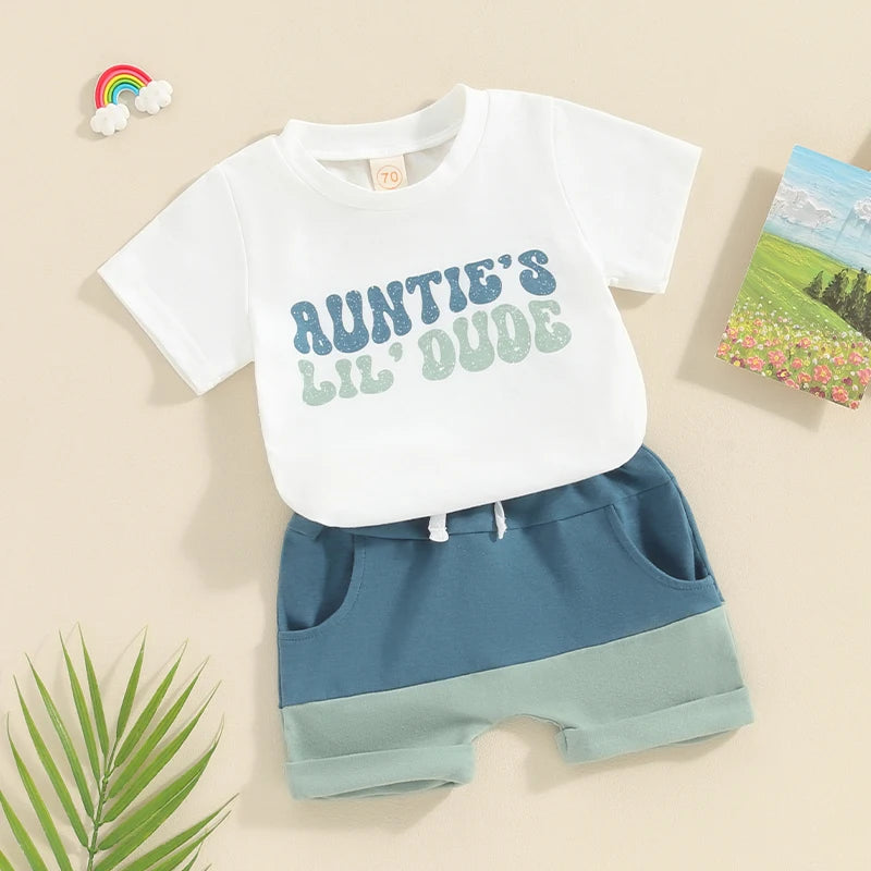 Toddler Boys Summer Outfits Letter Print Short Sleeve T-Shirts Tops and Elastic Waist Contrast Color Shorts Set