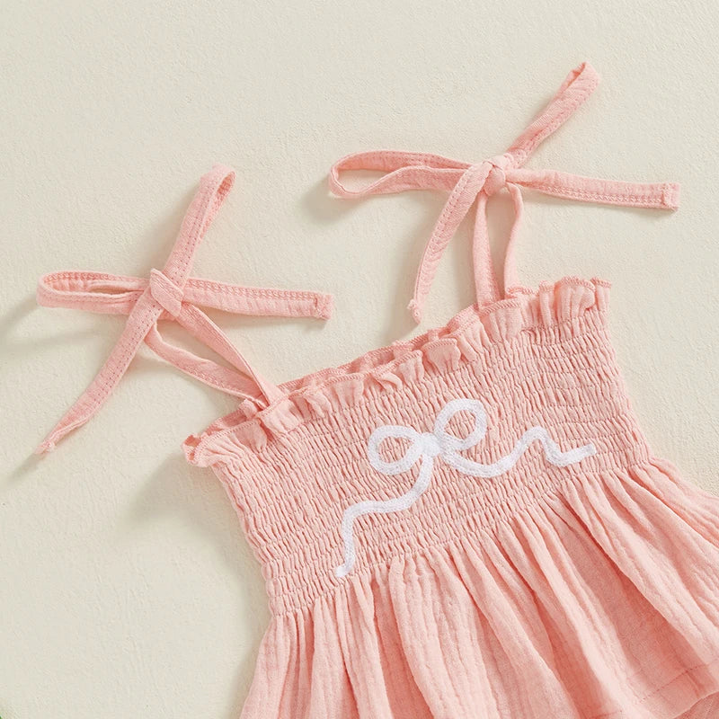Toddler Baby Girl Set Bow Embroidery Sleeveless Smocked Lacing Strap Camisole Elastic Waistband Pants Outfits