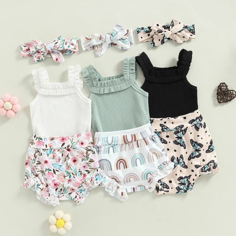 Infant Baby Girls Shorts Set Sleeveless Romper Flower/Rainbow/ Print Shorts Hairband