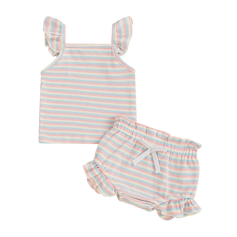 Toddler Baby Girl Striped Outfit Fly Sleeve Cami Tops Elastic Waist Ruffle Shorts Baby Girls Summer Outfit