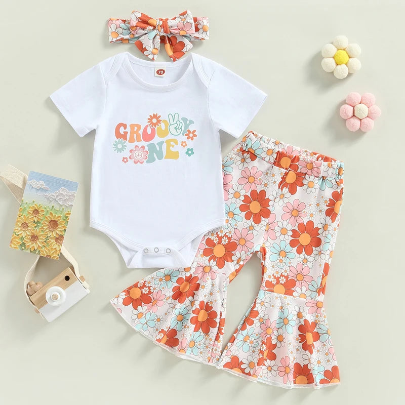 Toddler Baby Girls 3Pcs Outfit Set Short Sleeve Letter Print Romper Floral Flared Pants