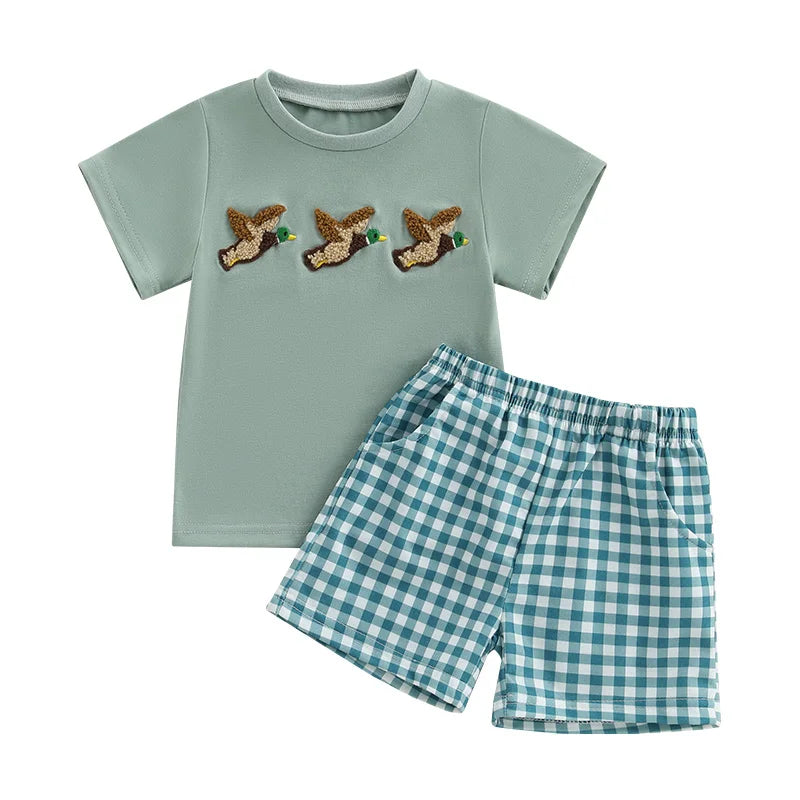 Toddler Baby Boy Shorts Set Fish/Duck Embroidery Short Sleeve T-shirt Solid/Plaid Shorts 2 Piece Summer Set