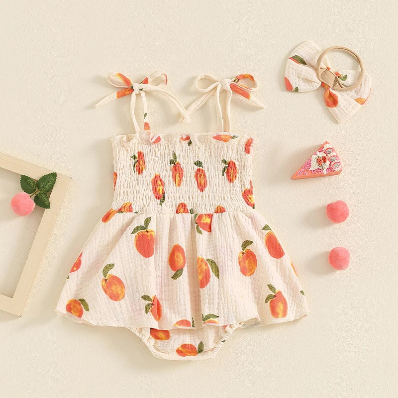Baby Girls Summer Romper Dress Sleeveless Peach Print Cami Playsuit with Headband