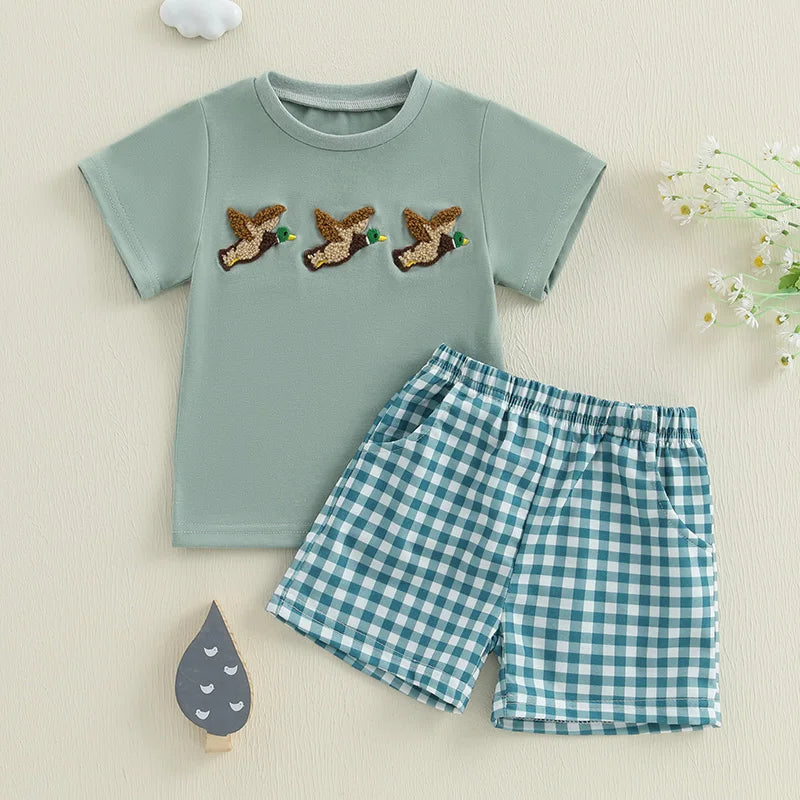 Toddler Baby Boy Shorts Set Fish/Duck Embroidery Short Sleeve T-shirt Solid/Plaid Shorts 2 Piece Summer Set