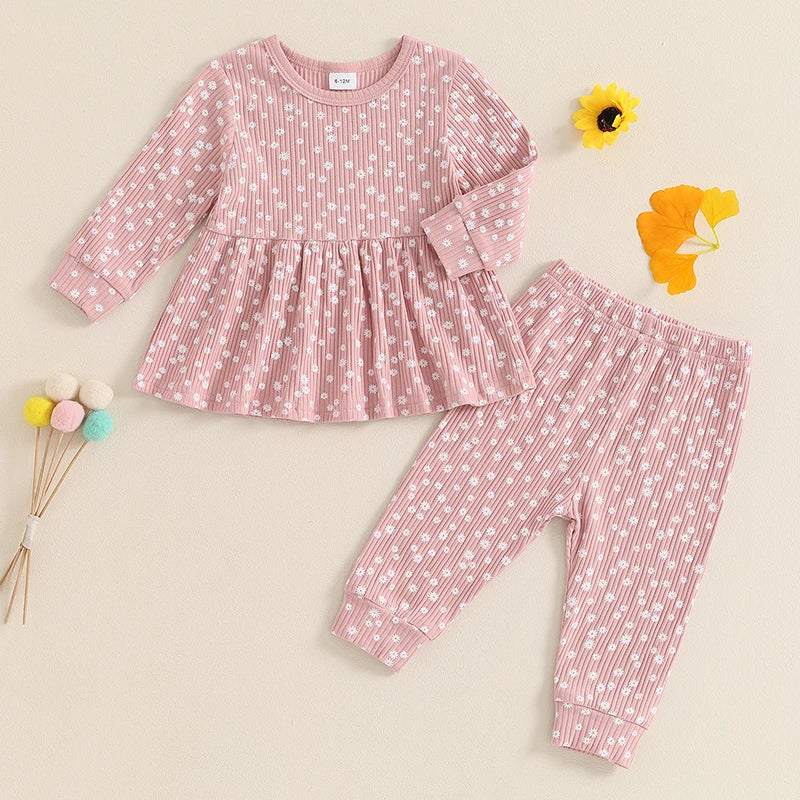Toddler Girl Fall Outfits Floral Print Crew Neck Long Sleeve Tops Elastic Waist Long Pants 2Pcs Set