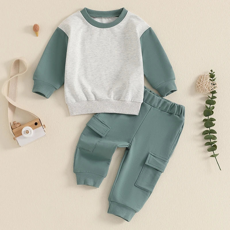 Toddler Baby Boy 2Pcs Outfit Long Sleeve Contrast Color Sweatshirt + Cargo Pants Set Clothes