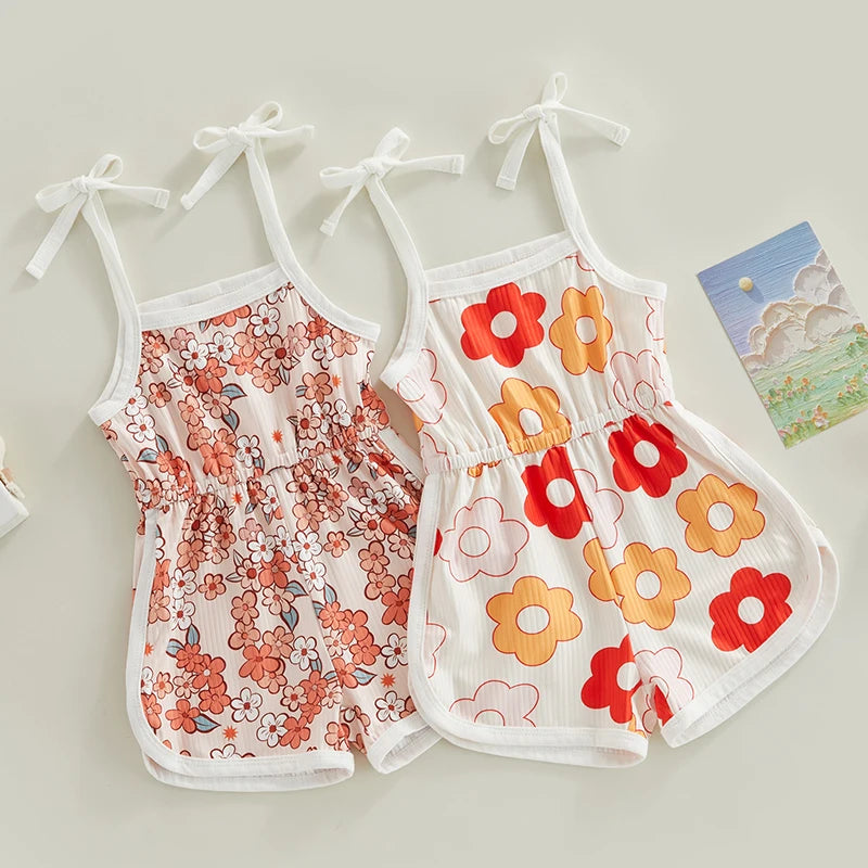 Toddler Baby Girl Summer Jumpsuit Cartoon Flower Print Sleeveless Sling Tie-Up Shorts Romper