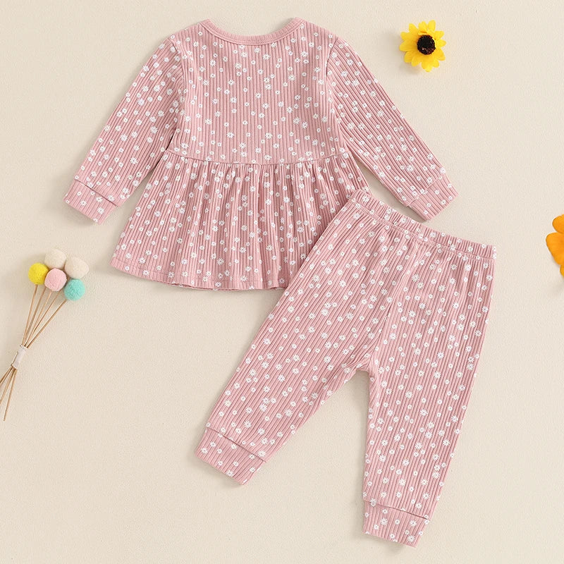 Toddler Girl Fall Outfits Floral Print Crew Neck Long Sleeve Tops Elastic Waist Long Pants 2Pcs Set