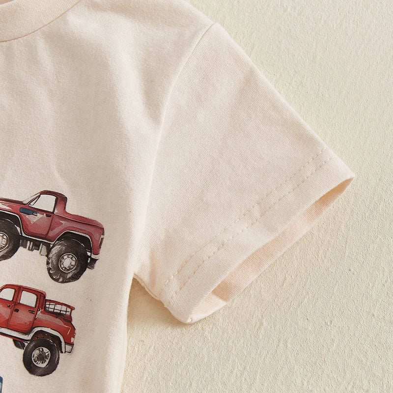 Toddler Boys Summer Outfits Retro Truck Print O-Neck Short Sleeve T-Shirts Elastic Waist Shorts 2Pcs Clothes Set
