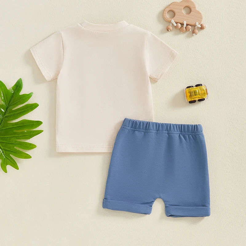 Toddler Boys Summer Outfits Retro Truck Print O-Neck Short Sleeve T-Shirts Elastic Waist Shorts 2Pcs Clothes Set