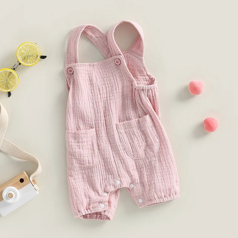 Infant Newborn Baby Boy Girl Summer Suspenders Jumpsuit Solid Sleeveless Romper with Pockets