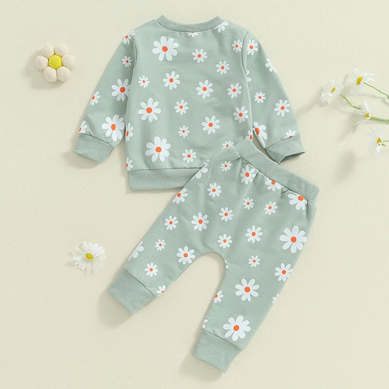 Little Girl 2 Piece Fall Outfit, Flower Print Long Sleeve Sweatshirt Elastic Waist Pants with Pockets