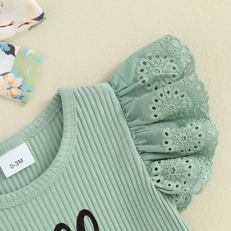 Baby Girls Shorts Outfits Letter Print Fly Sleeve Romper with Floral Shorts and Heaband 3Pcs Summer Set