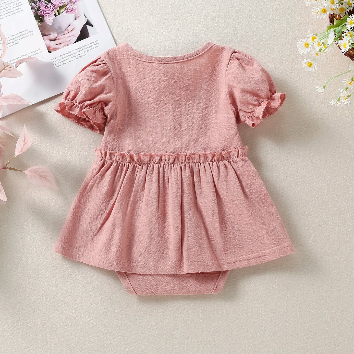 Newborn Girl Short Sleeve Romper Solid Button Round Neck Patchwork Dress Style Playsuit Simple Bodysuit