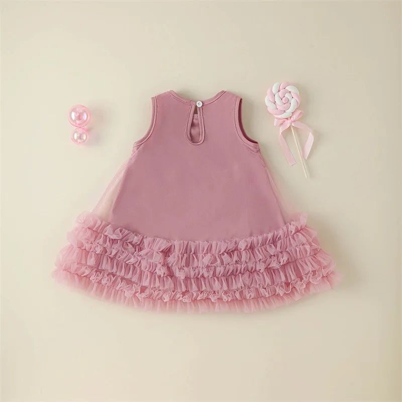 Toddler Kid Girls Dress Children Sleeveless Crew Neck Bow Tulle Dress Summer Casual Princess Dress A-line Dress
