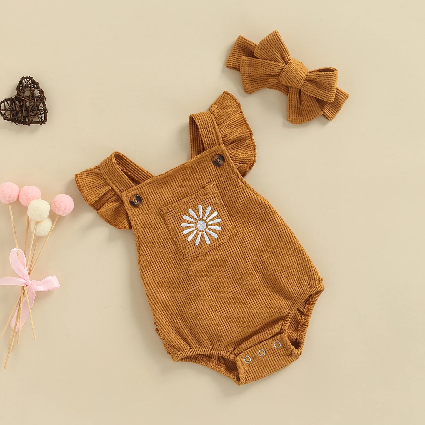 Infant Baby Girl Bodysuit Floral Pattern Ruffle Sleeve Bottom Snap Jumpsuit with Solid Hair