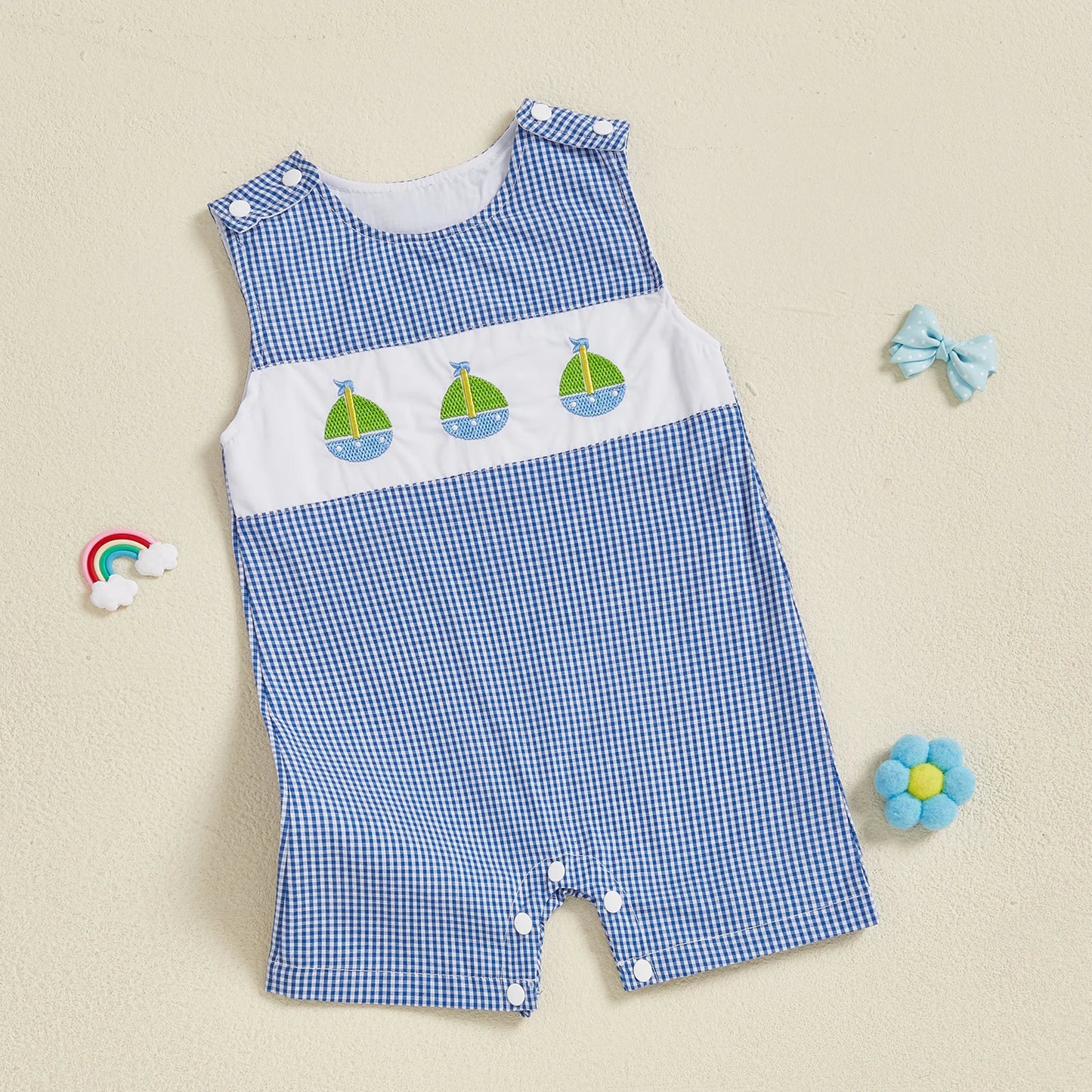 Baby Boys Romper Animal Embroidery Plaid Sleeveless Crew Neck Jumpsuit Summer Overalls