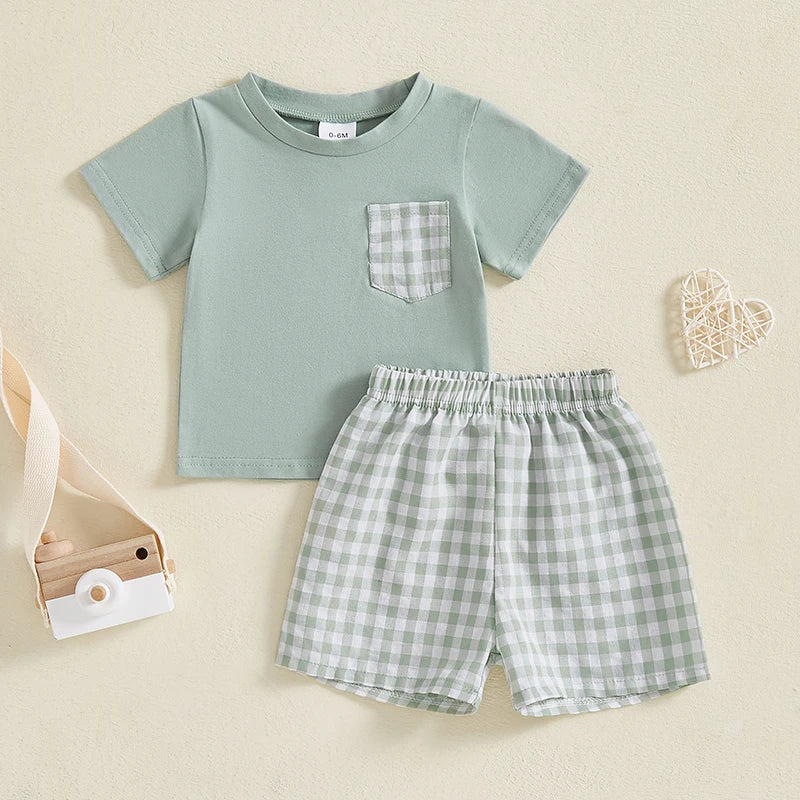 Toddler Boy Summer Outfits Pocket Round Neck Short Sleeve Tops with Plaid Pattern Shorts Outfit