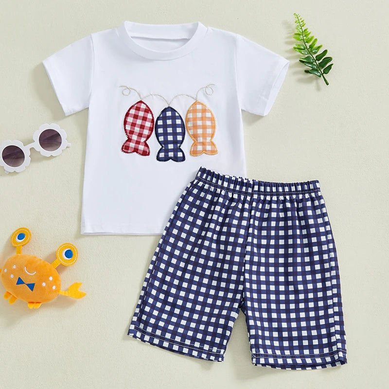 Summer Kid Boys Shorts Sets Short Sleeve O Neck Fish Embroidery Tops and Plaid Shorts Sets