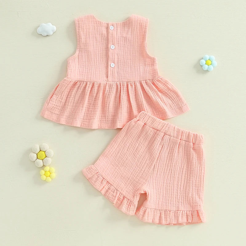 Toddler Baby Girl Summer Clothes Solid Color Bow Round Neck Tank Tops + Elastic Waist Ruffled Shorts Set