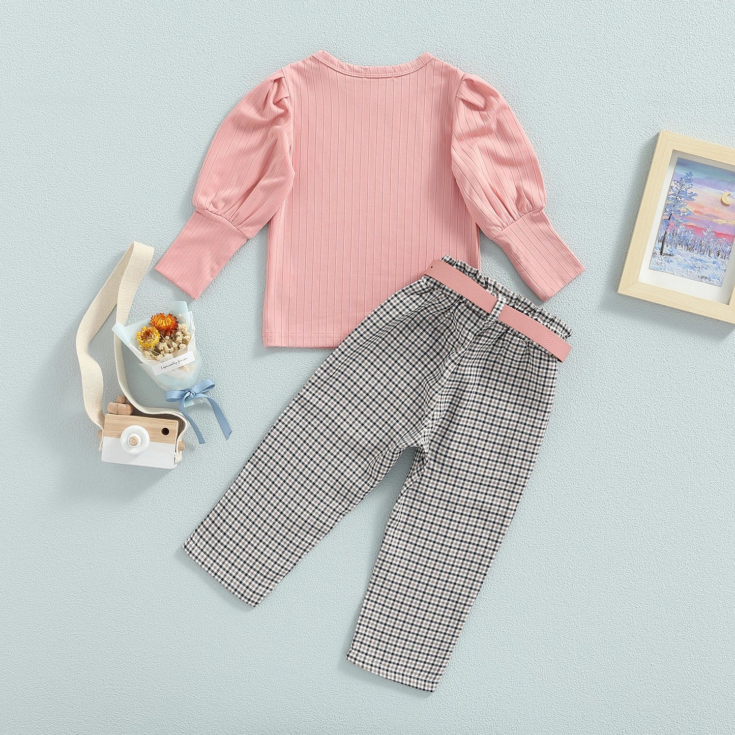 Toddler Girls 3Pcs Outfits Solid Ribbed Round Neck Long Sleeve Tops Plaid Long Pants + Belt Set