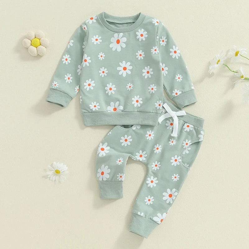 Little Girl 2 Piece Fall Outfit, Flower Print Long Sleeve Sweatshirt Elastic Waist Pants with Pockets