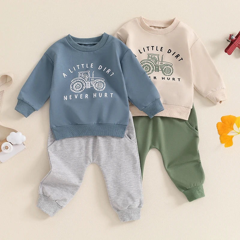 Baby Boy Fall Outfits Long Sleeve Tractor Letter Print Tops + Pants Set Toddler Winter Warm Clothes