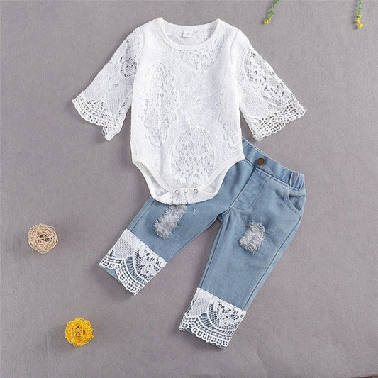 Baby Girls Fall Clothes Long Sleeve Lace Romper Suit Triangle Crotch Lace Top  Hole Long Jeans 2Pcs Outfit