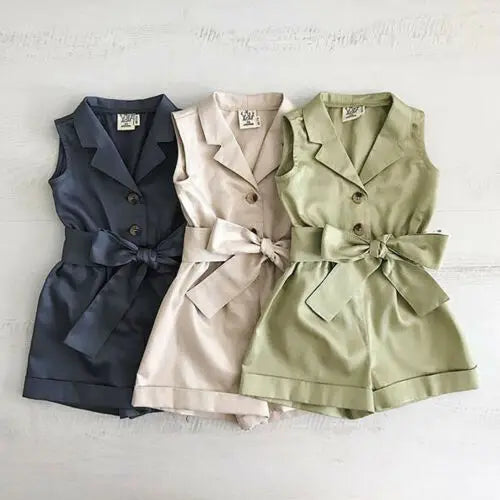 Toddler Kids Baby Girls Clothes Sleeveless Bow-tie Waist Romper Elegant Plain Solid Jumpsuit Summer Outfit