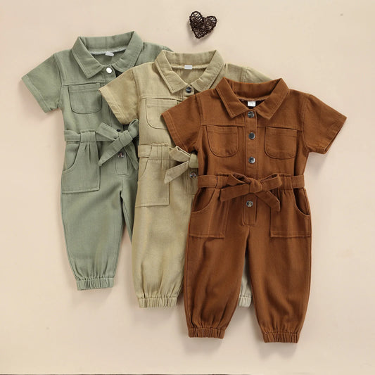 Toddler Baby Girl’s Casual Long Sleeve Jumpsuit Fashion Solid Lapel Pocket Single-breasted Pants