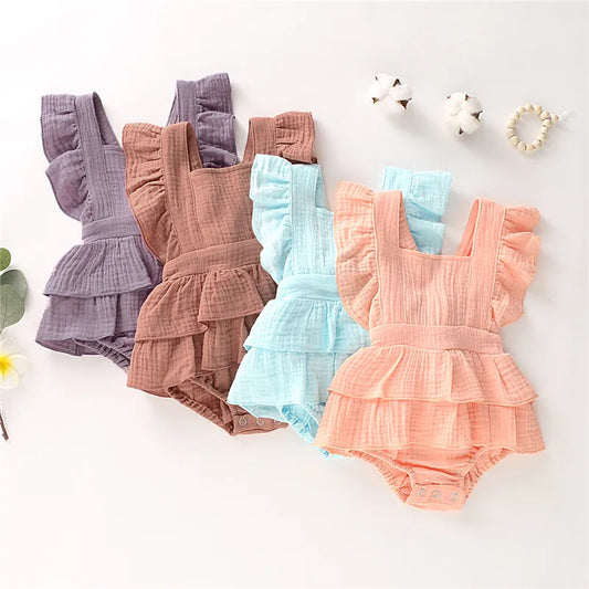 Newborn Baby Girl Clothes Ruffle Hem Cotton Solid Color Sleeveless Jumpsuit Overall Outfit Casual Set