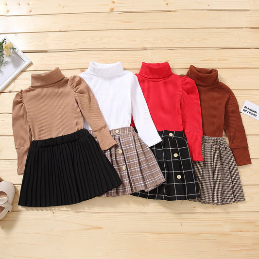 Toddler Baby Girls Casual 2Pcs Clothes Set Solid Turtleneck Knitwear Pleated Skirt Khaki/ White/ Red/ Brown
