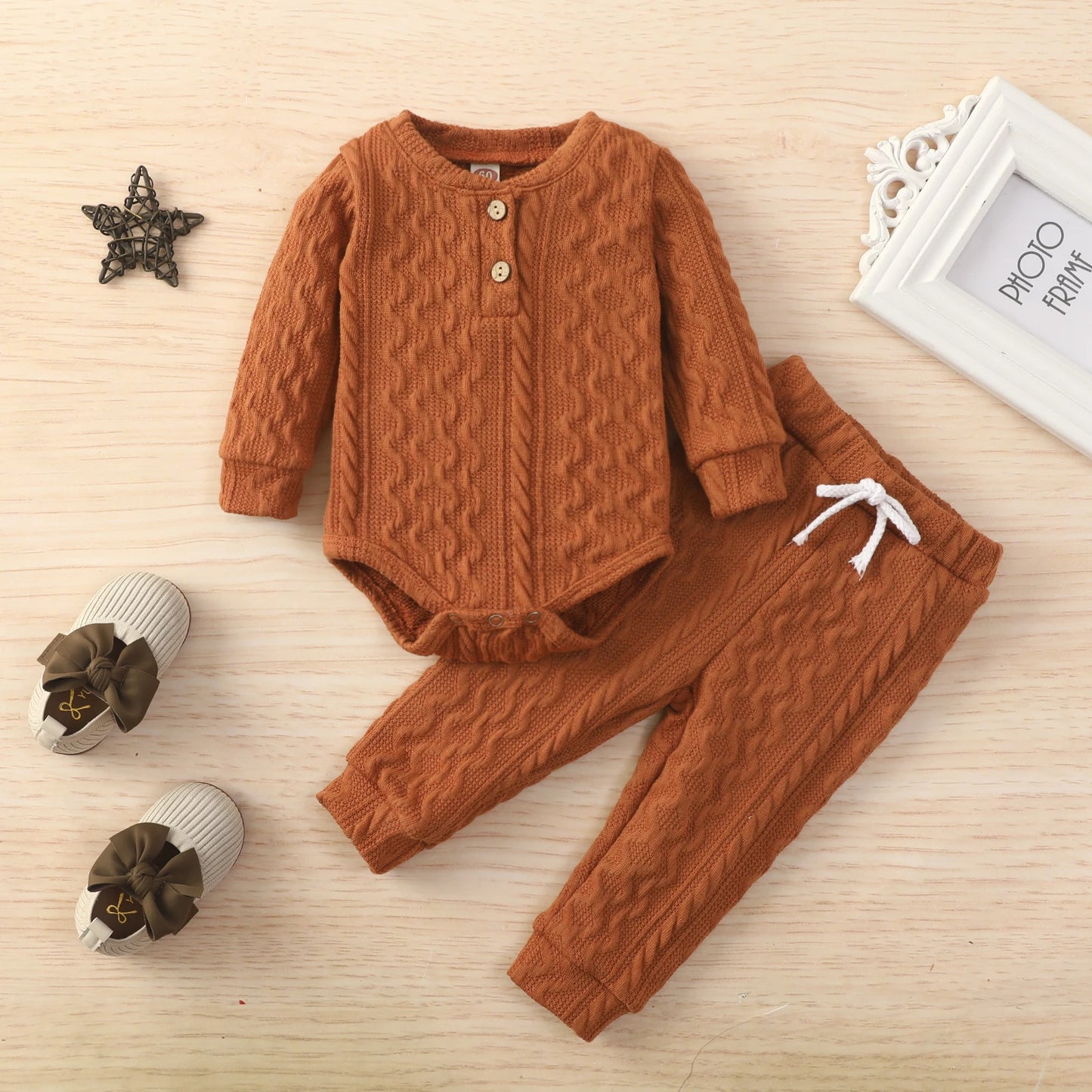 Baby Girl Romper Tops Pants Suit Newborn Infant Long Sleeve Round Neck Button Sweater Knitting Trousers