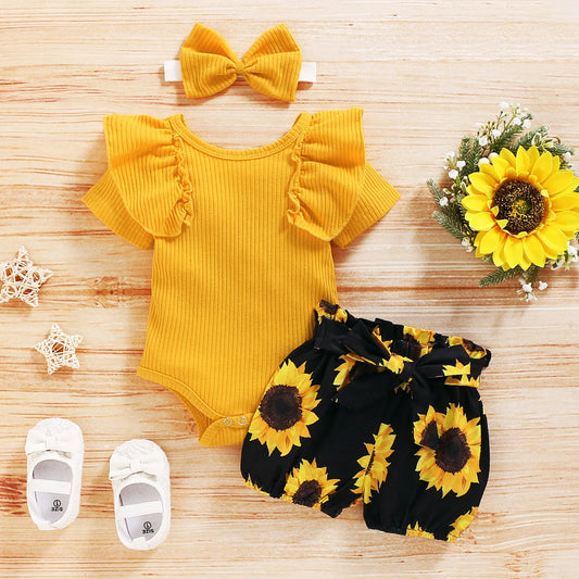 Newborn Infant Baby Girl Clothing Set Short Sleeve Yellow Solid Romper Top Sumflower Printed Shorts 3Pcs Outfit
