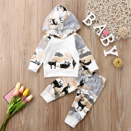 New Fashion Newborn Baby Boys Girl Deer Hooded Tops Sweater Long Pants Outfits Clothes Set
