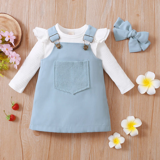 Infant Baby Girl 2Pcs Autumn Clothing Long Sleeve Solid Romper Top Suspender Skirt 2Colors