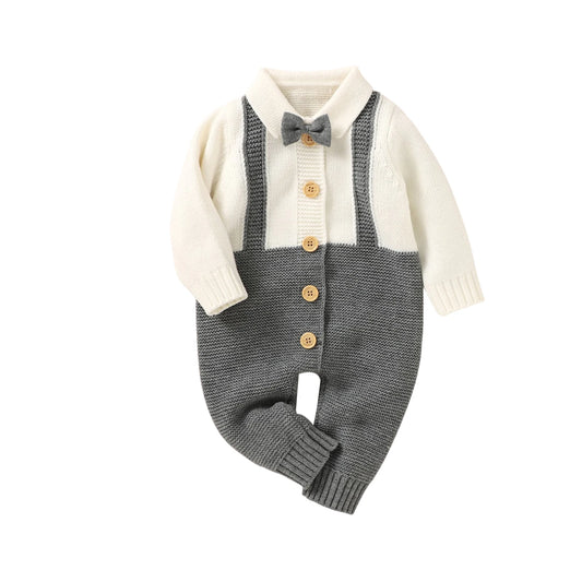 Baby Boys Casual Knitted Romper Turn-down Collar Long Sleeve Button-down Jumpsuit